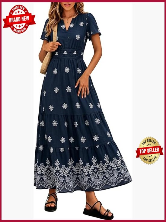 Dresses & Skirts - Boho Floral Maxi Dress V-Neck Short Sleeve Tiered Flowy Wedding Guest